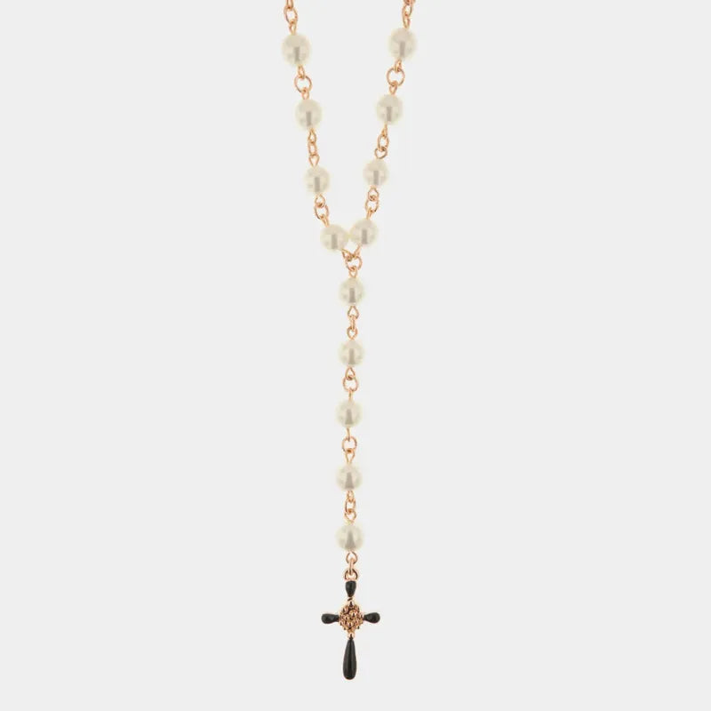 Collana in Metallo con perle bianche impreziosite da croce con cristalli neri
