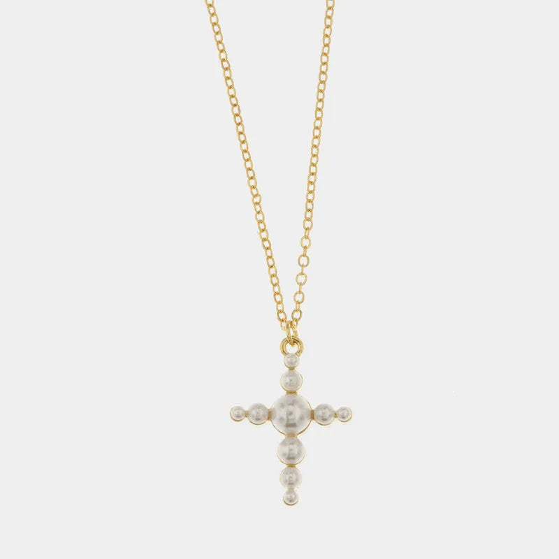 Collana in Metallo con pendente a forma di croce impreziosito da perle - BYSIMON gioielli