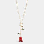 Collana in Metallo con chiusura a T e campanella pendente a forma di rosa rossa e foglie - BYSIMON gioielli