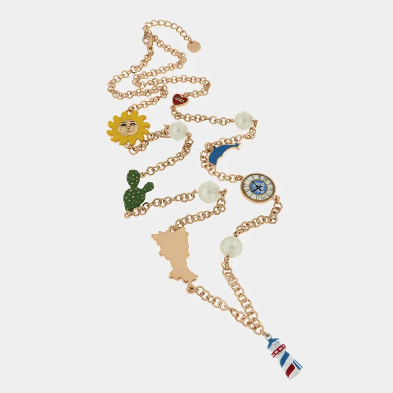 Collana in Metallo con delfino, cactus, perla, orologio, Campania, cuore con Capri e sole