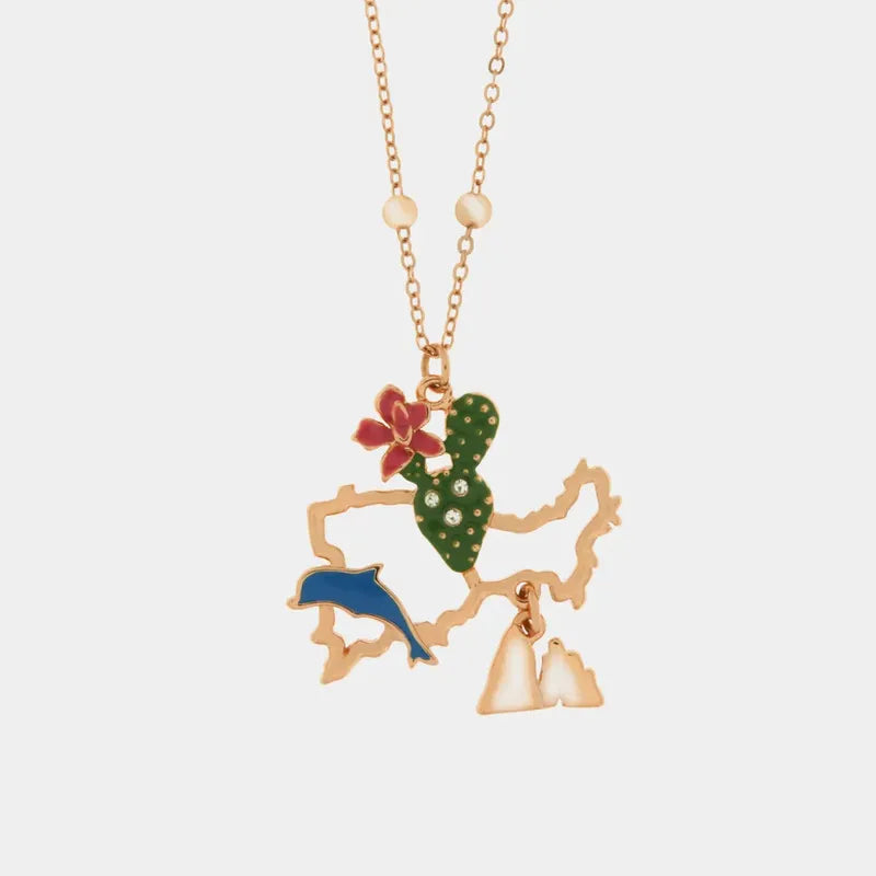 Collana in Metallo con pendente a forma di Campania con cactus, delfino e faraglioni