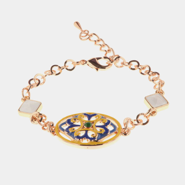 Bracciale in Metallo cristalli bianchi con dettaglio centrale in maiolica a fiore smaltata blu e giallo - BYSIMON gioielli