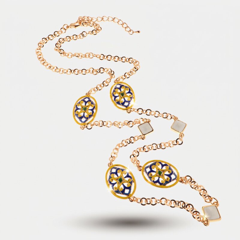 Collana in Metallo cristalli bianchi con dettagli in maiolica a fiore con smalti colorati - BYSIMON gioielli