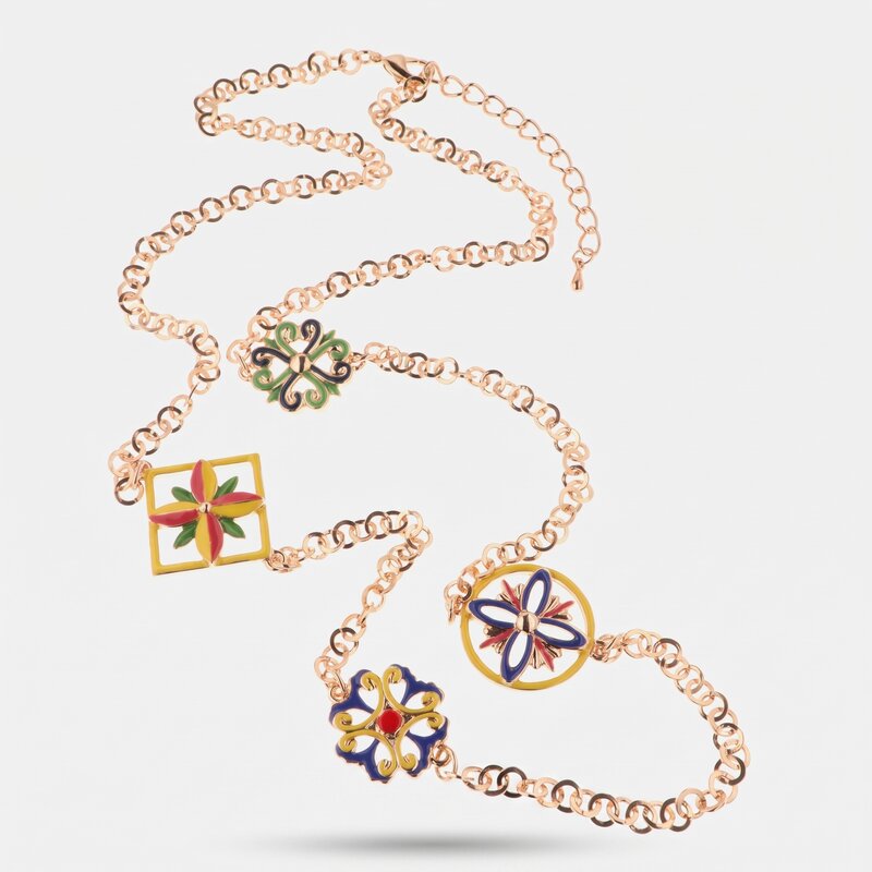 Collana in Metallo con dettagli in maiolica a fiore con smalti colorati - BYSIMON gioielli