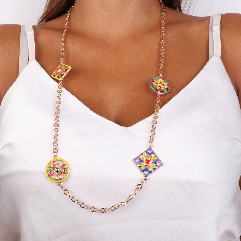 Collana in Metallo con dettagli in maiolica a fiore con smalti colorati - BYSIMON gioielli