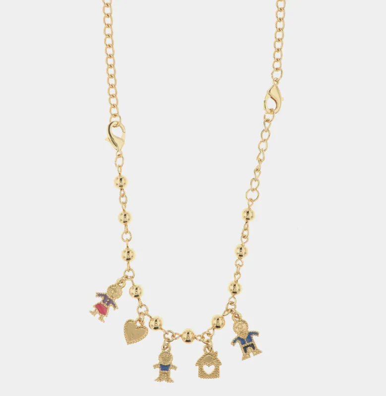 Collana in Metallo con pendenti impreziositi da smalti a forma di mamma, family, bimbo, casa con cuore e papà