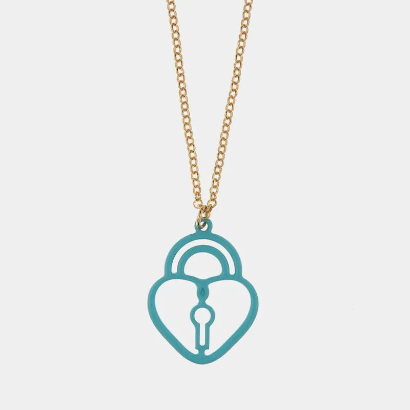 Collana in Metallo lucchetto a forma di cuore con smalto azzurro