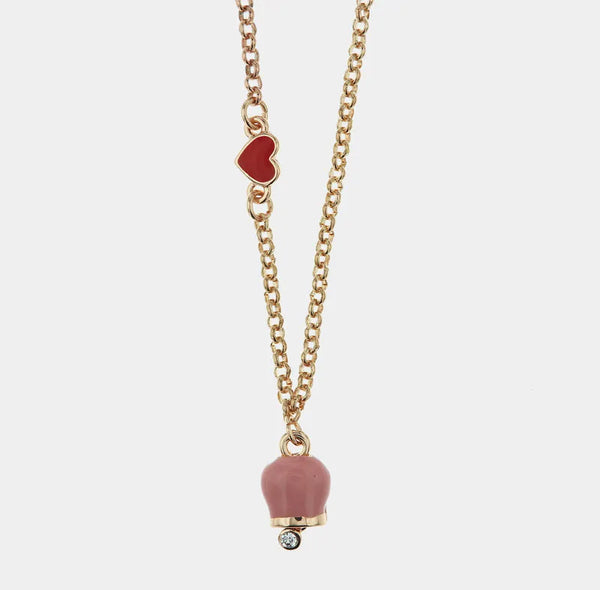 Collana in Metallo con cuore rosso e campanella portafortuna pendente rosa, impreziosita da punto luce - BYSIMON gioielli