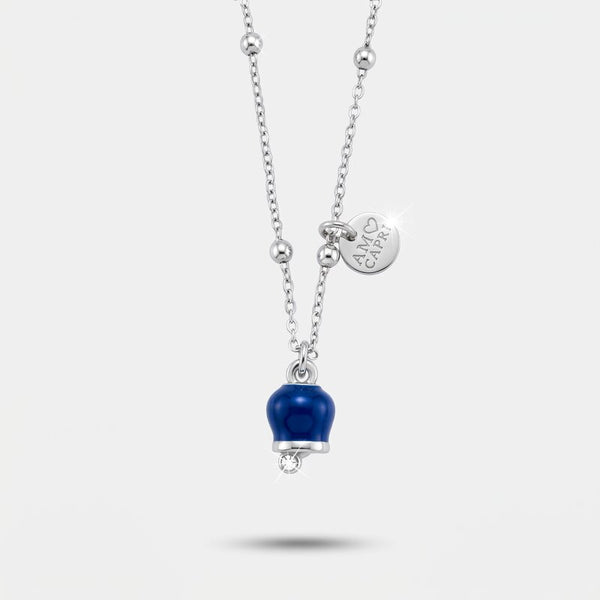 Collana in Metallo con campanella portafortuna pendente blu, impreziosita da punto luce - BYSIMON gioielli