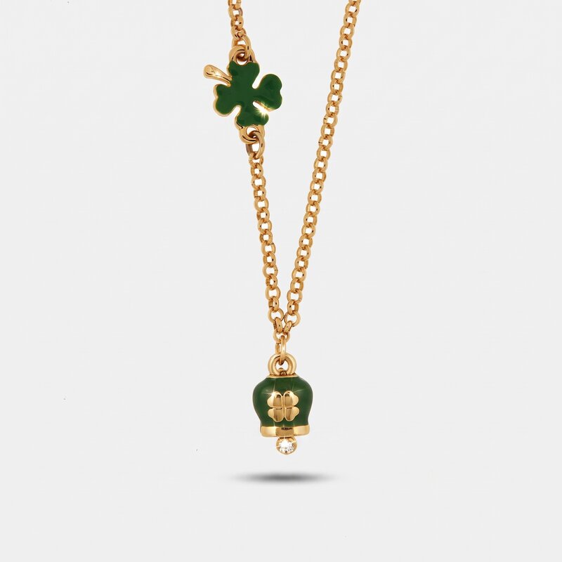 Collana in Metallo con cuore e campanella portafortuna verde con quadrifoglio - BYSIMON gioielli