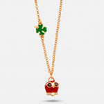 Collana in Metallo con quadrifoglio e campanella portafortuna a gufo con smalto rosso e cristalli bianchi - BYSIMON gioielli