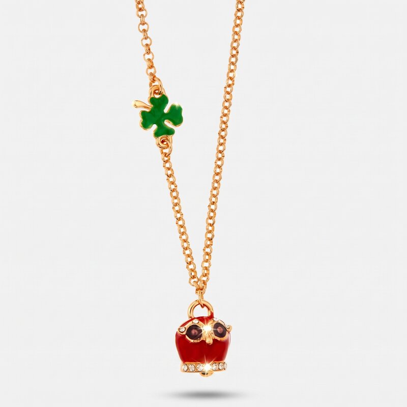 Collana in Metallo con quadrifoglio e campanella portafortuna a gufo con smalto rosso e cristalli bianchi - BYSIMON gioielli
