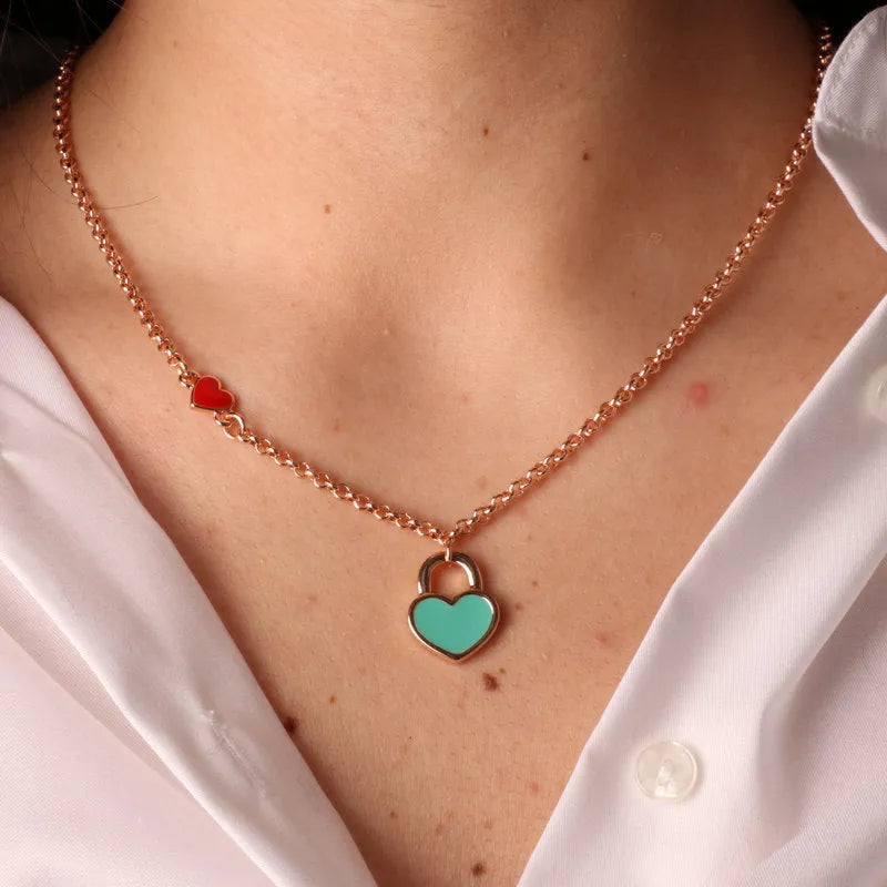 Collana in Metallo con cuore rosso e lucchetto a cuore con smalto turchese - BYSIMON gioielli