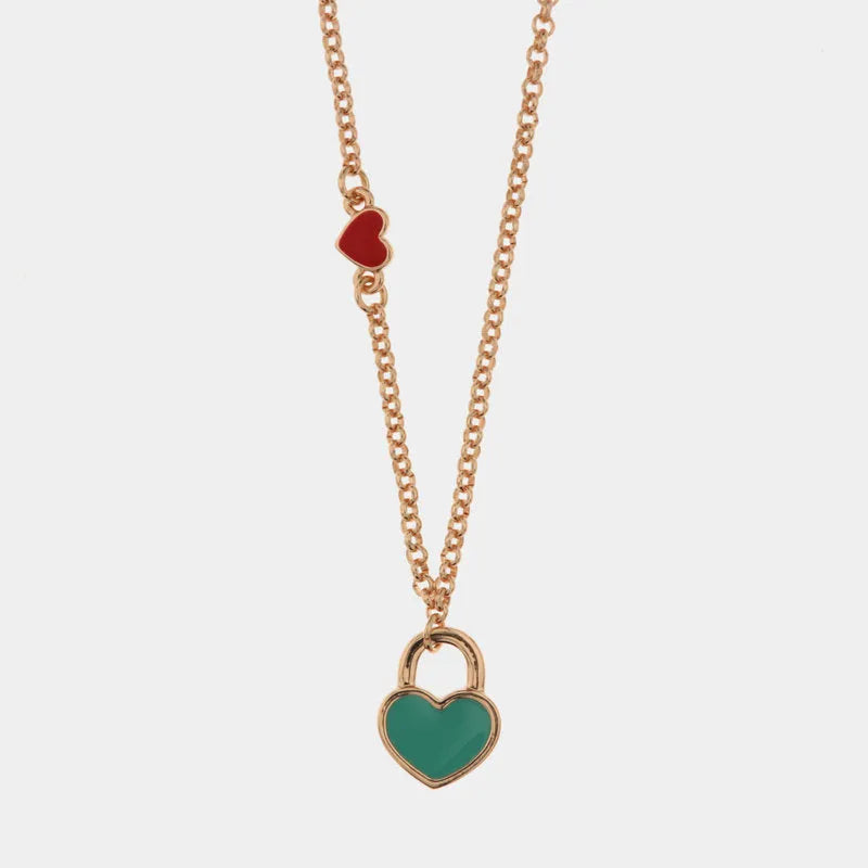Collana in Metallo con cuore rosso e lucchetto a cuore con smalto turchese - BYSIMON gioielli
