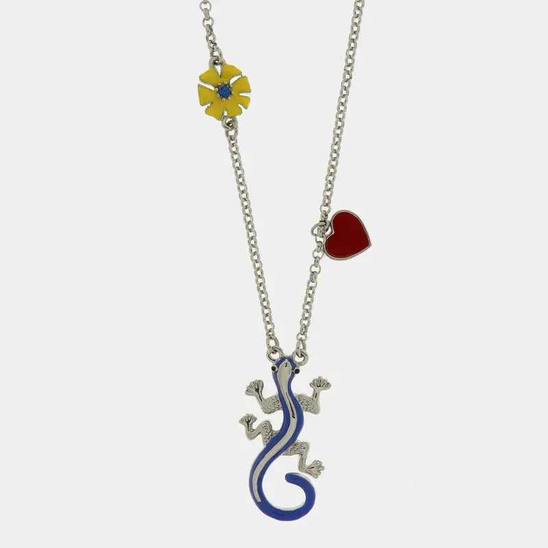 Collana in Metallo con geco centrale, fiore giallo e cuore rosso