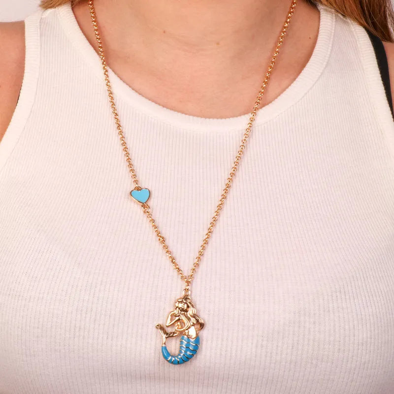 Collana in Metallo con pendente a forma di sirena partenopea e cuore azzurro - BYSIMON gioielli