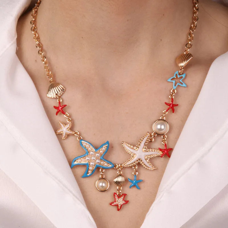 Metal necklace with starfish and shells