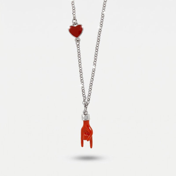 Collana in Metallo con pendente a forma di corna porta fortuna e cuore rosso - BYSIMON gioielli