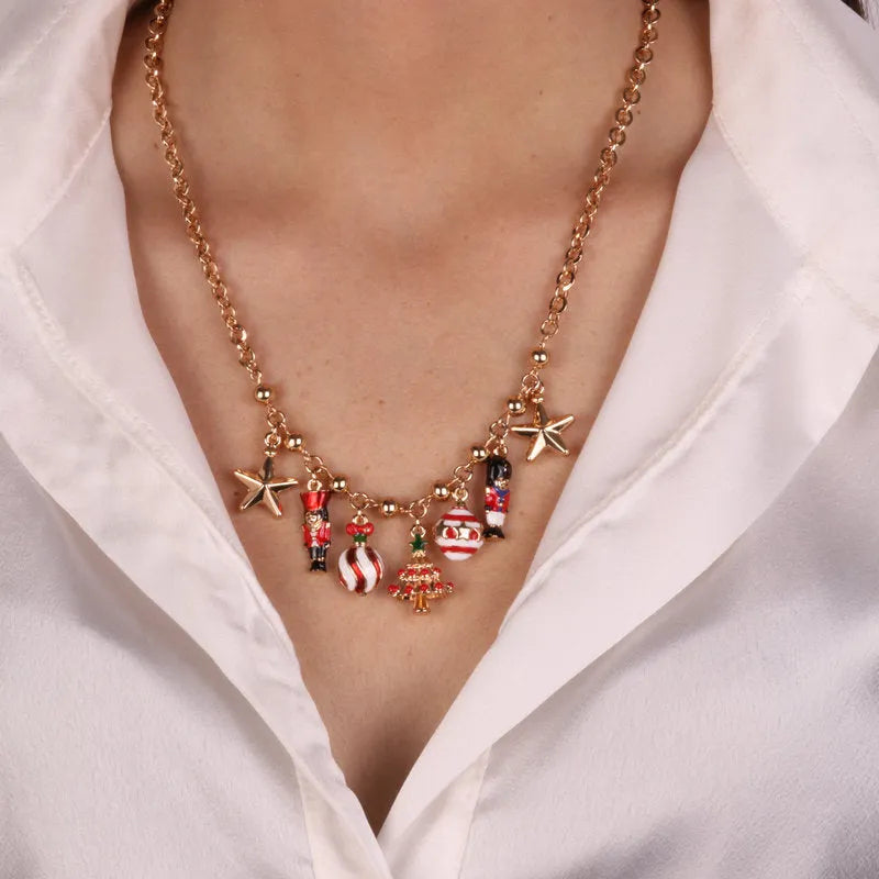 Metal necklace with pendants in the shape of a Christmas tree, balls, stars and nutcrackers