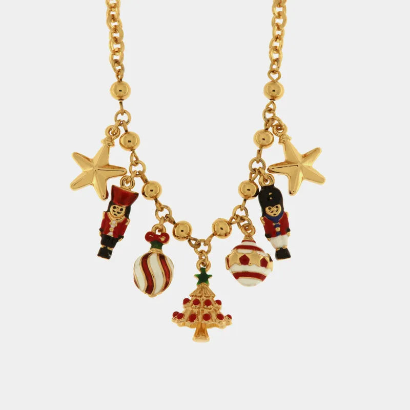 Metal necklace with pendants in the shape of a Christmas tree, balls, stars and nutcrackers