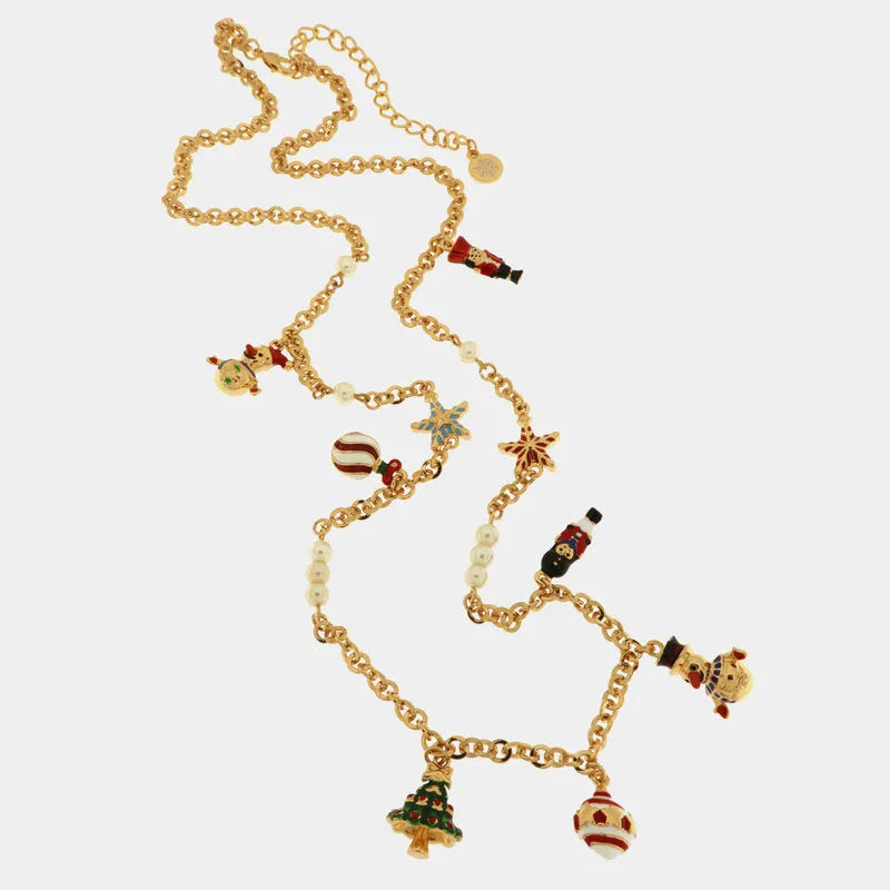 Metal necklace with pendants in the shape of a Christmas tree, balls, stars and nutcrackers
