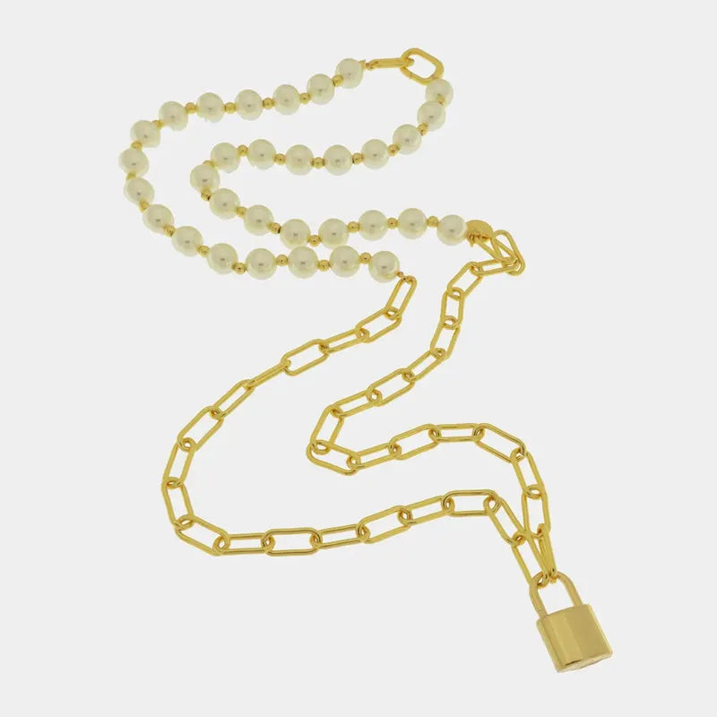 Collana in Metallo a doppia catena con perle e lucchetto pendente
