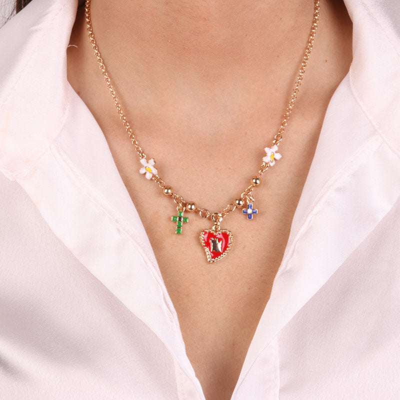 Collana in Metallo con fiori, croci e cuore sacro pendenti