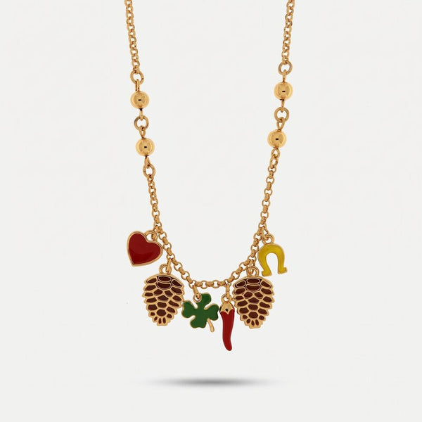 Collana in Metallo con pigne e simboli portafortuna pendenti - BYSIMON gioielli