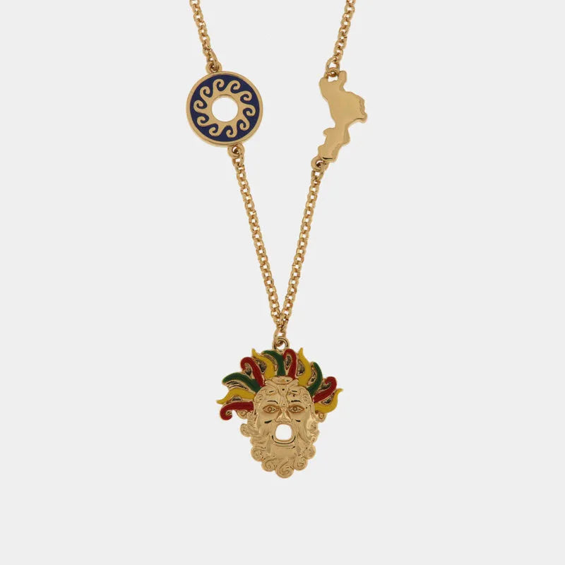 Collana in Metallo con maschera pendente e simboli regione Calabria e sole