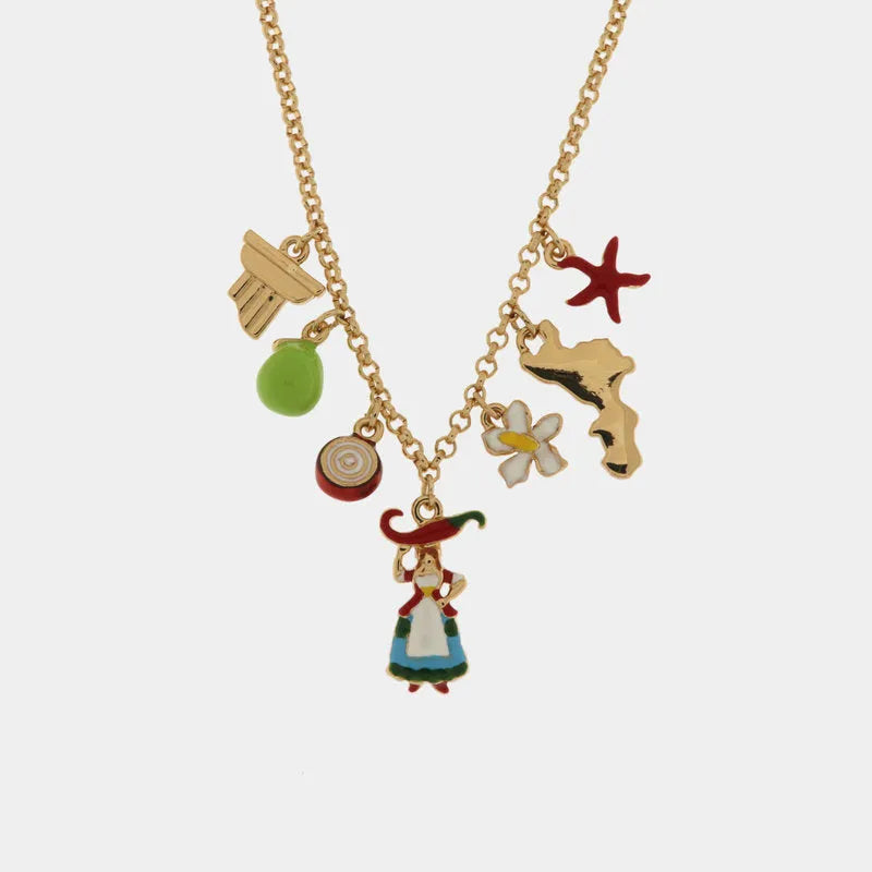 Collana in Metallo con simboli calabresi: peperoncino, cipolla di tropea, fiore, stella marina, colonna e fica