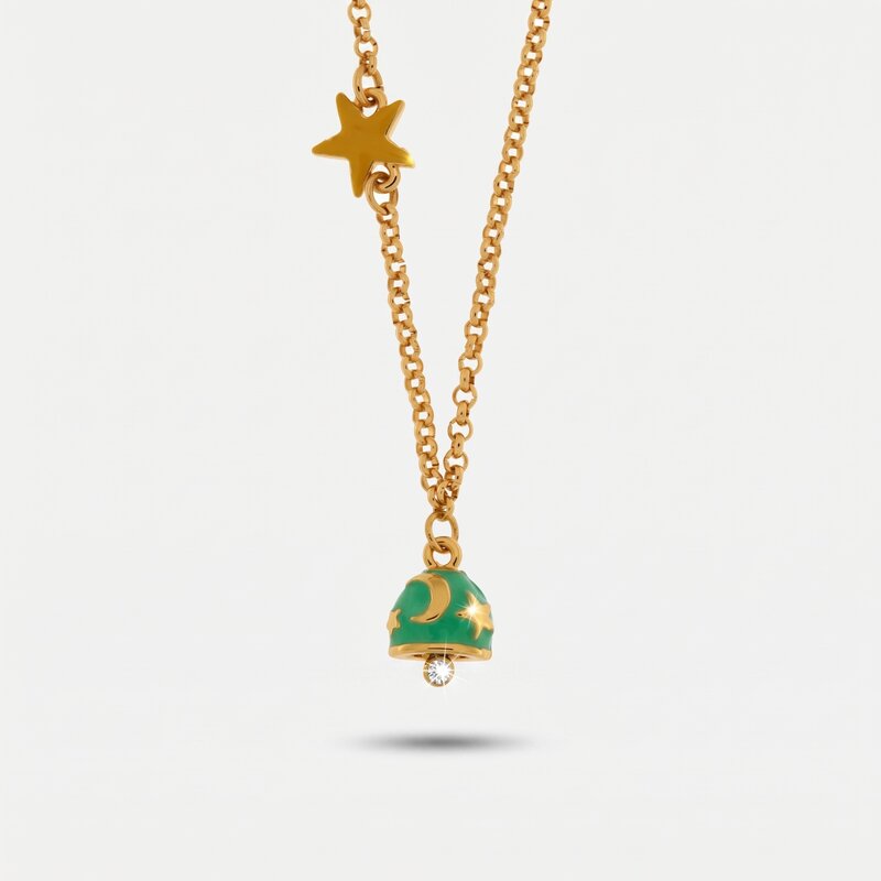 Collana in Metallo con campanella in smalto verde acqua impreziosita da stelle e luna - BYSIMON gioielli