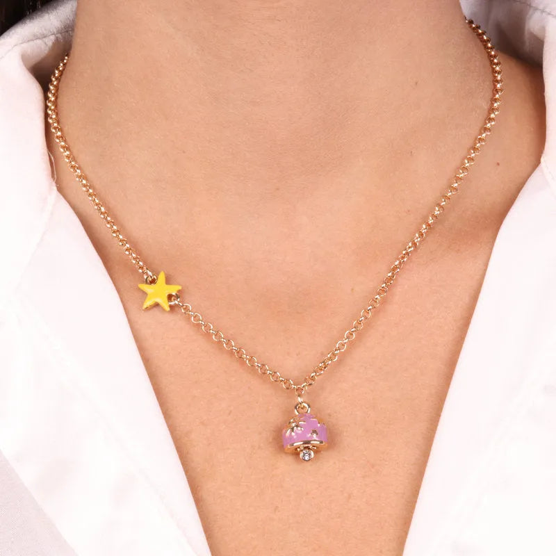 Collana in Metallo con campanella in smalto viola impreziosita da stelle e sole - BYSIMON gioielli