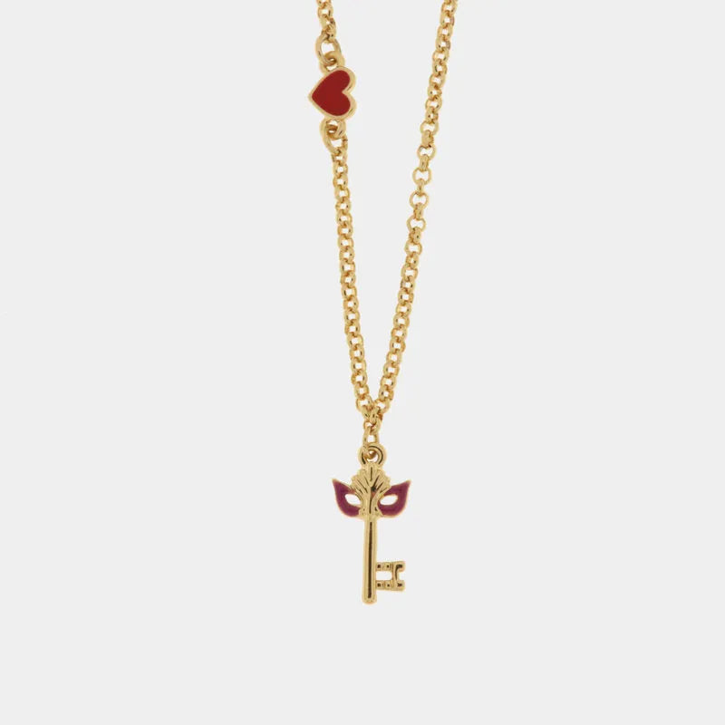 Collana in Metallo con chiave pendente in smalto rosso con maschera