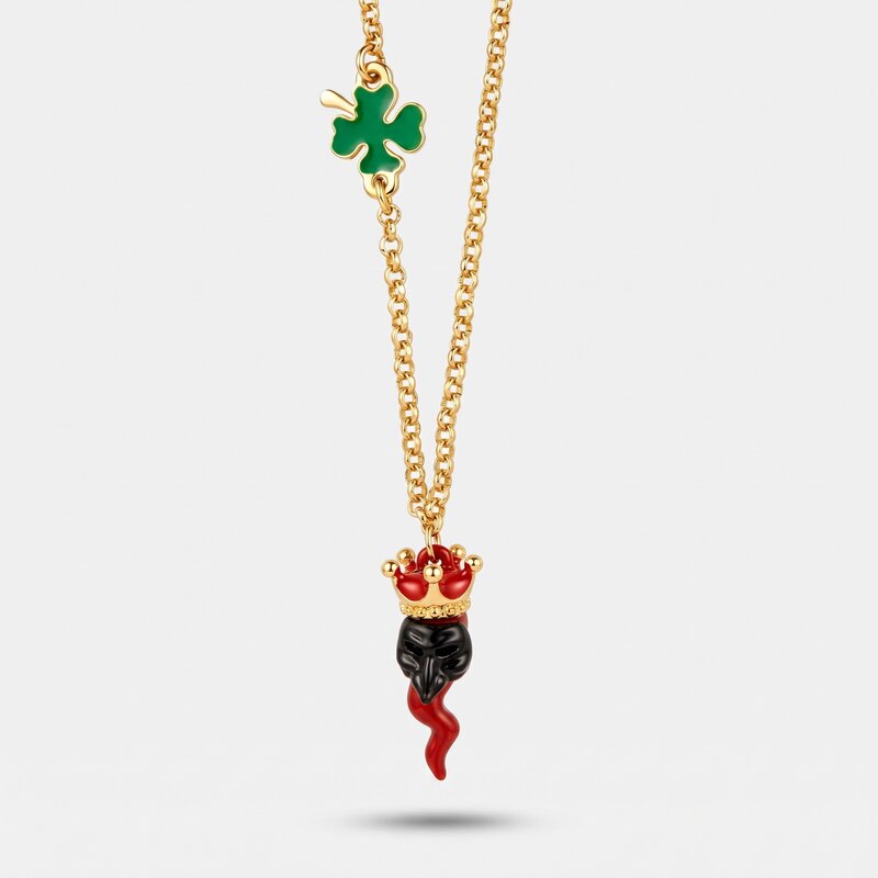 Collana in Metallo con cornetto pendente impreziosito da corona e quadrifoglio - BYSIMON gioielli