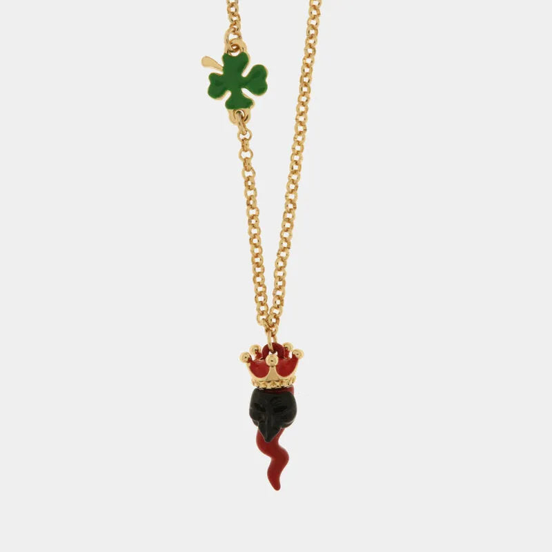 Collana in Metallo con corno pendente impreziosito da corona e quadrifoglio - BYSIMON gioielli