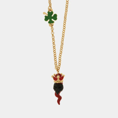 Collana in Metallo con corno pendente impreziosito da corona e quadrifoglio - BYSIMON gioielli