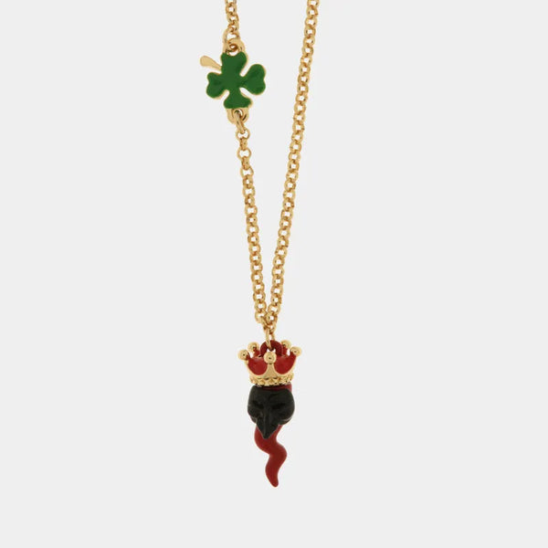 Collana in Metallo con cornetto pendente impreziosito da corona e quadrifoglio - BYSIMON gioielli