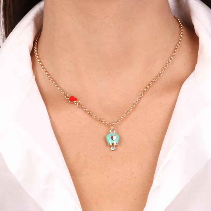 Collana in Metallo con campanella portafortuna impreziosita da smalto turchese - BYSIMON gioielli