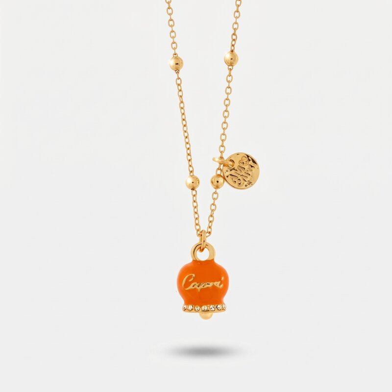 Collana in Metallo campanella portafortuna in smalto arancione, con scritta Capri a rilievo e cristalli bianchi