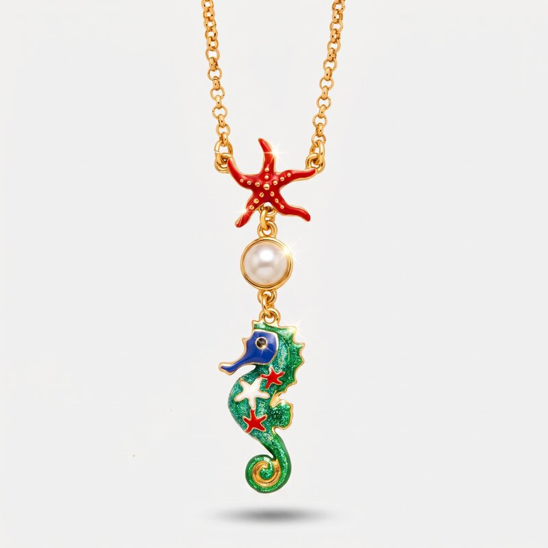 Collana in Metallo con cavalluccio marino e piccola perla - BYSIMON gioielli