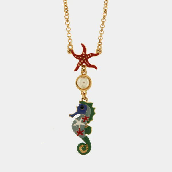 Collana in Metallo con cavalluccio marino e piccola perla - BYSIMON gioielli
