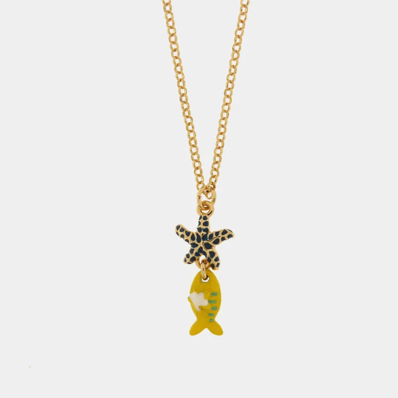 Metal necklace with pendant yellow fish and starfish