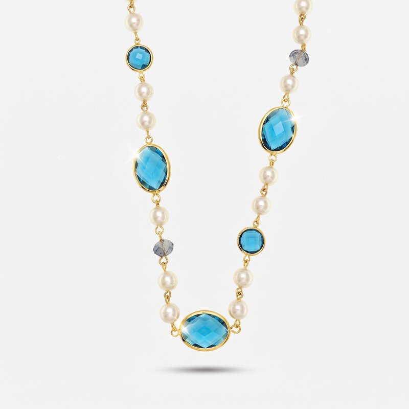 Collana in Metallo con cristalli blu ispirati al vetro di Murano e perle