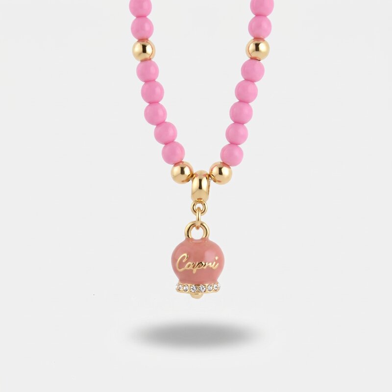 Collana in Metallo con perline e campanellina smaltata rosa