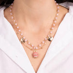 Collana in Metallo con campana smaltata rosa e cuoricini pendenti - BYSIMON gioielli