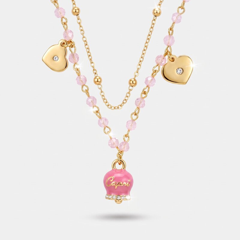 Collana in Metallo con campana smaltata rosa e cuoricini pendenti