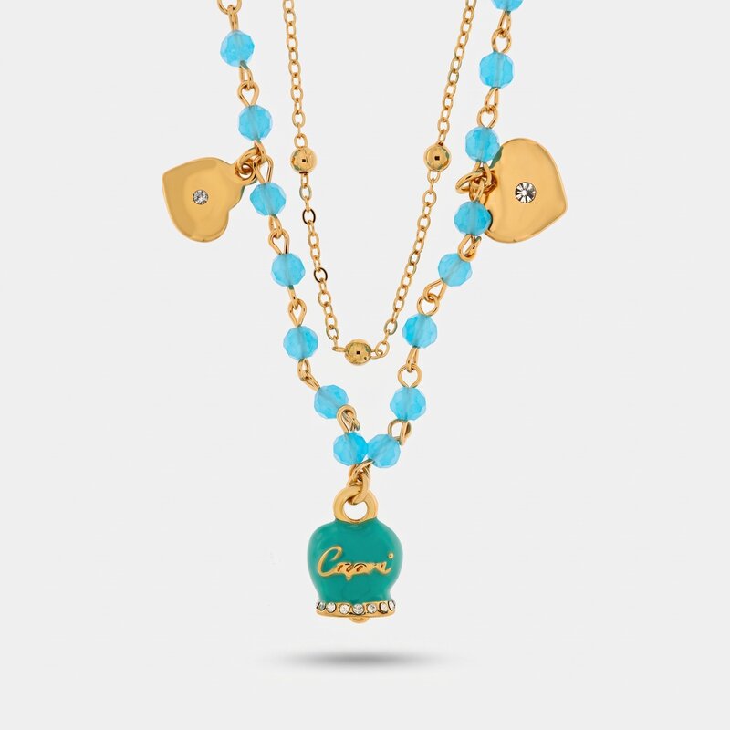 Collana in Metallo con campana smaltata turchese e cuoricini pendenti