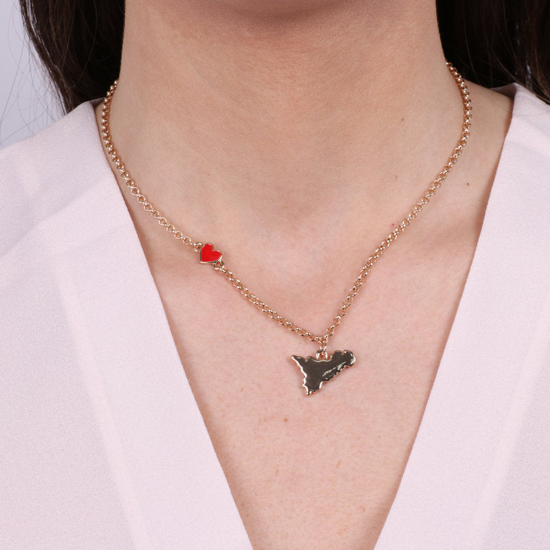 Collana in Metallo con cuoricino e simbolo Sicilia  pendente - BYSIMON gioielli