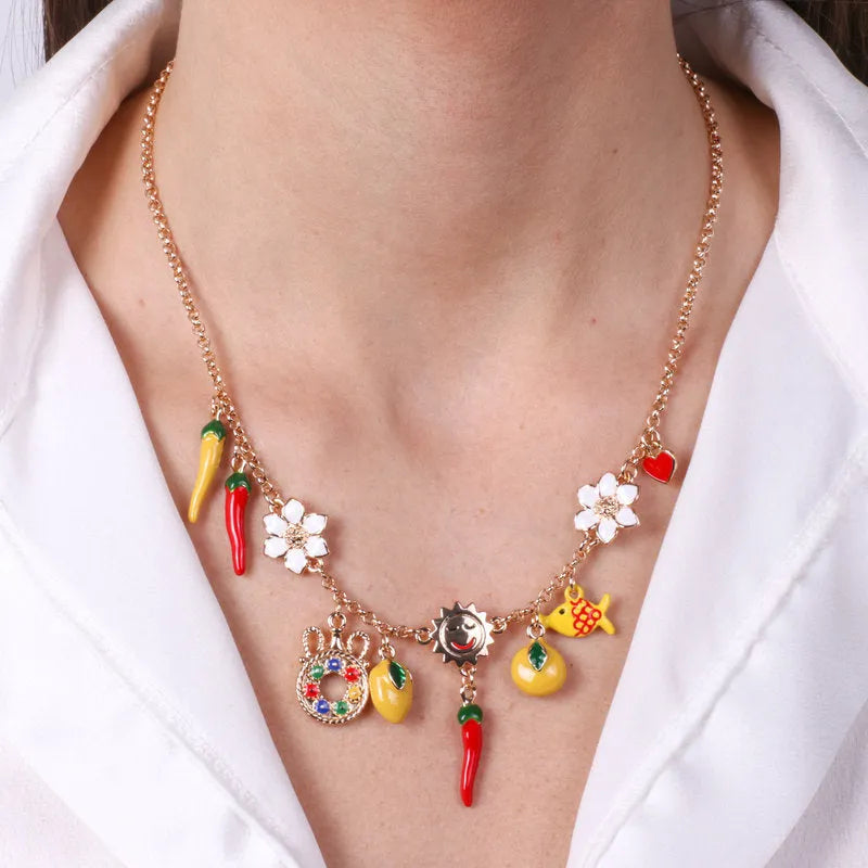 Collana in Metallo con limoni e peperoncini pendenti