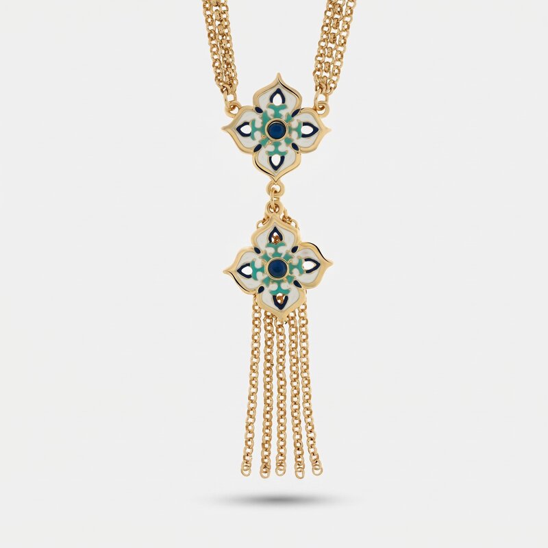 Collana in Metallo con maioliche colorate a forma di croce e frange pendenti SICILY - gioiello BySimon